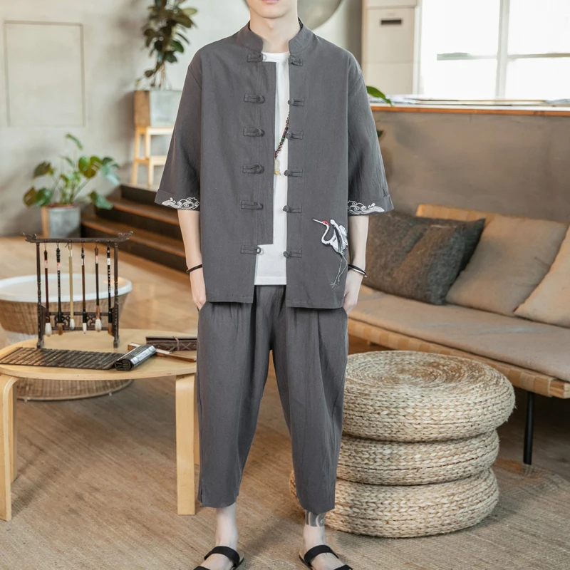 Мужской костюм в китайском стиле пальто с вышивкой журавлей и брюки комплект из