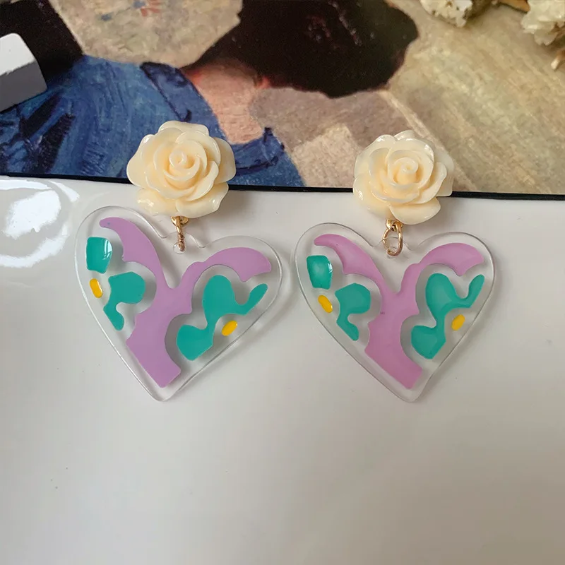 

ZiccoWong Handmade Acrylic Rose Flower Peach Drop Dangle Earring For Women Girl Fashion Trend Big Geometric Drop Earring Gift