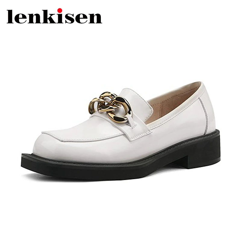 

Lenkisen mixed colors slip on shoes cow patent leather square toe med heels metal chains office lady Korean fashion pumps l16