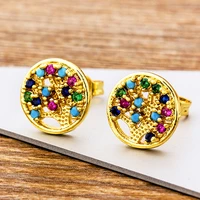 aibef new trendy color statement rhinestone tree of life stud earrings copper cz female korean fashion jewelry for women girls