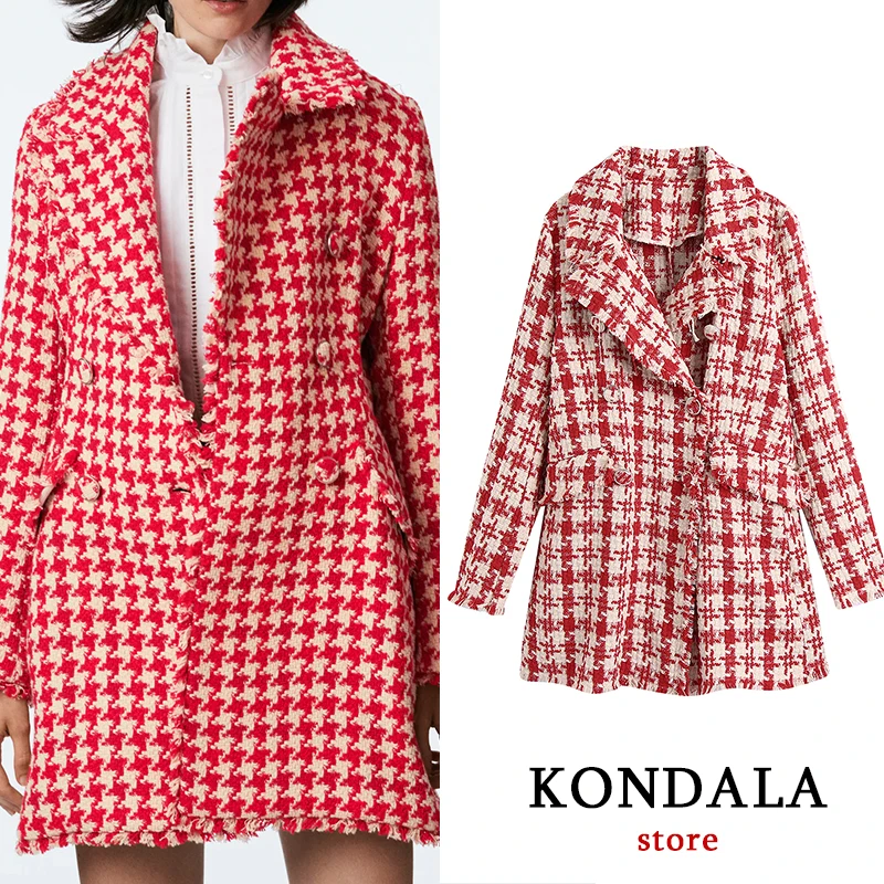 

KONDALA Vintage Red Plaid Loose Long Jackets Women Za 2021 Long Sleeve V Neck Sashes Coats Female Elegant Mujer Outwears