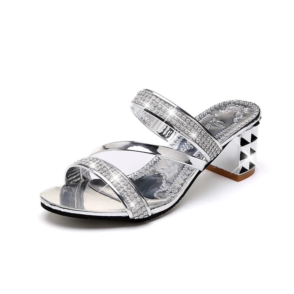 

Women's Crystal Slippers Shoes Summer Square Heel Slippers Fashion Female Casual Outdoor Bling Crystal Women Shoes