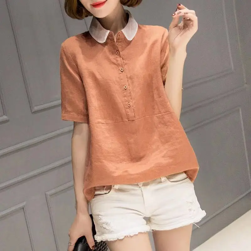 

Cotton And Linen Lapel Short-Sleeved Shirt Women's Summer 2021 Loose Plus Size Temperament Top Trendy 432