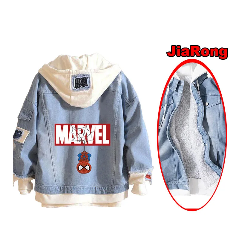 Thicken Marvel Comics человек паук повседневные толстовки унисекс ковбой поддельные две части Толстовка отверстие джинсовая куртка пальто - Цвет: Thicken