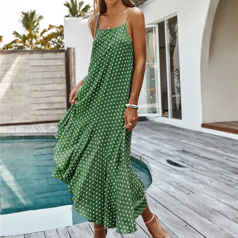 

New Arrival Casual Women Dot Long Dress 2020 Summer Spaghetit Straps Loose Dress for Women