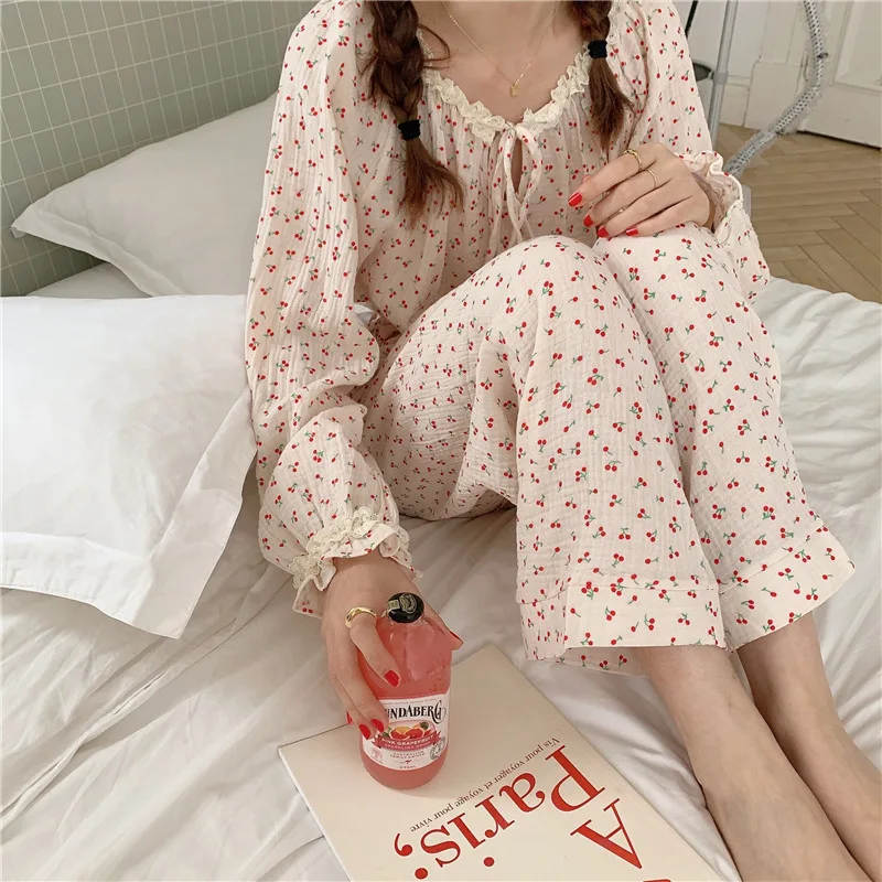 

Pure cotton side pajamas women autumn and winter hedging cherry long-sleeved home service suit silk pajamas for women
