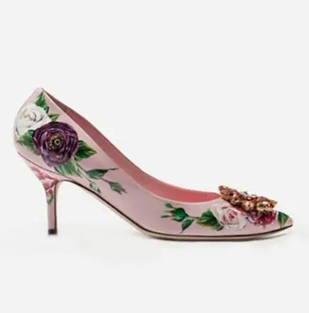 pink 5cm heel Роскошные свадебные вечерние туфли на высоком каблуке с цветочным принтом и блестящими кристаллами; женские туфли-лодочки на шпильке с острым носком; Каблук 5 см; Каблук 9 см - Цвет: pink 5cm heel