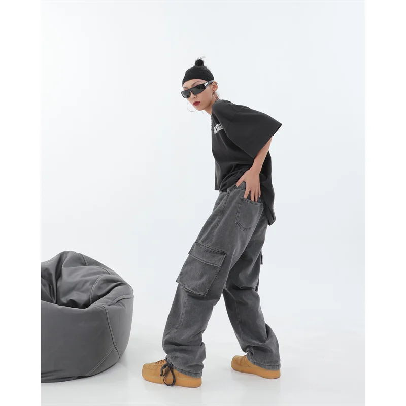 Gray Cargo Jeans Vintage Pockets Lace Up High Waist Casual Women Pants Wide Leg Casual Denim Streetwear Baggy Boyfriend Trousers