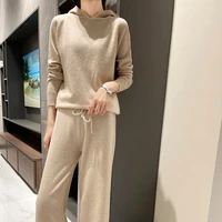 autumnwinter korean fashion hooded womens chic sports suit pure wool knitted sweater casual suit two piece lazy wide leg pants