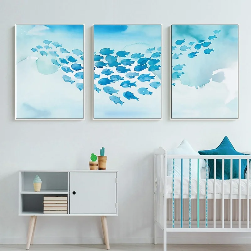 

Wall Art Picture Print Room Decoration for Nursery Children Abstract Poster Cartoon Blue Fish School Canvas Painting Canvas Art