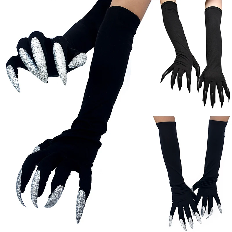 

Halloween Long Nails Gloves Scary Woman Glove with Long Black Sliver Glitter Fingernails Halloween Carnival Party Fancy Constume