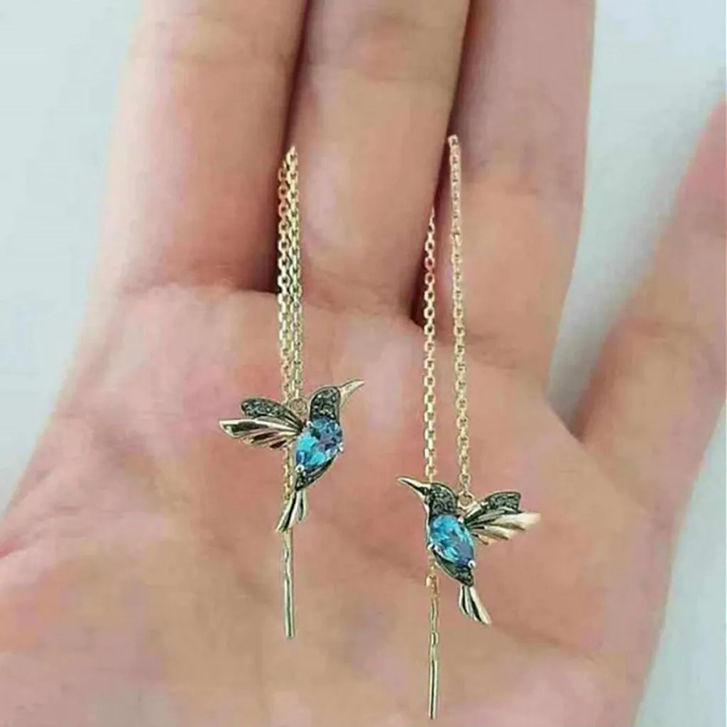 

Fashionable Wing Spreading Zircon Hummingbird Long Pendant Earchain Lady Jewelry Mujer 2021 Kolczyki Female Jewelry