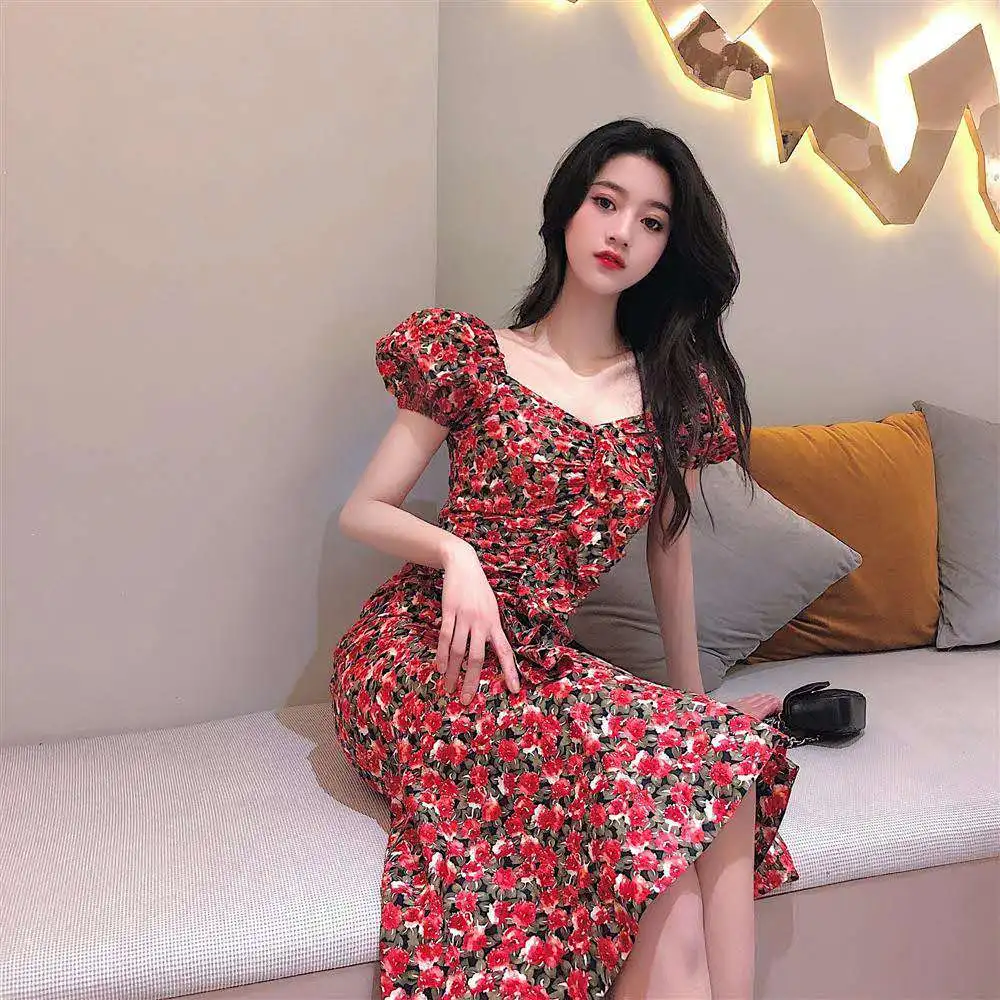 

Бесплатная доставка модное женское длинное платье с v-образным вырезом и коротким рукавом винтажное стильное платье с пышным рукавом