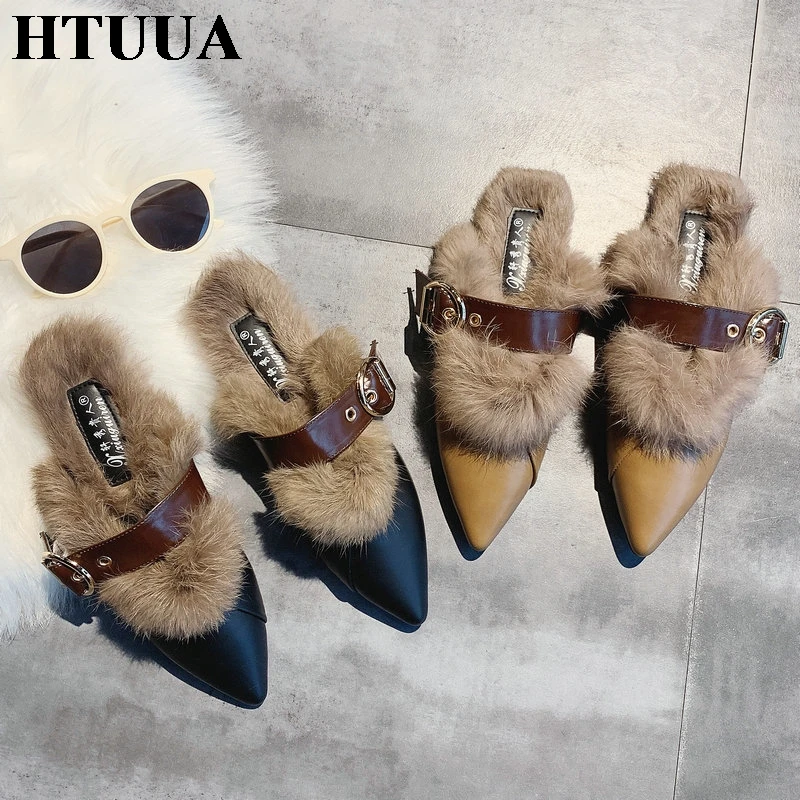 HTUUA/пушистые меховые тапочки с острым носком; женские шлепанцы без застежки; меховые шлепанцы; зимняя женская обувь; шлепанцы для дома помещений; SX3396