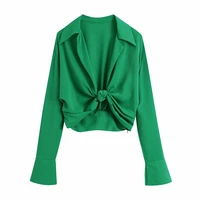 2021 za new women fashion with short blouses vintage long sleeve lapel green knot decoration female shirts chic tops