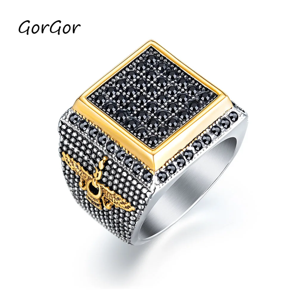 

GorGor 2020 New Arrivals Simple Vintage Stainless Steel Square with Rhinestones Rings for Fashion Women Jewelry Gift 689