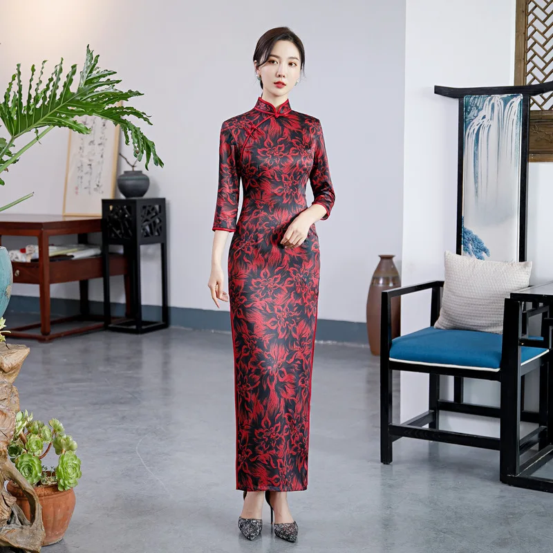 

Chinese Rayon Dress Chinese Long Cheongsam Qipao Women Classic Party Gown Oriental Dress