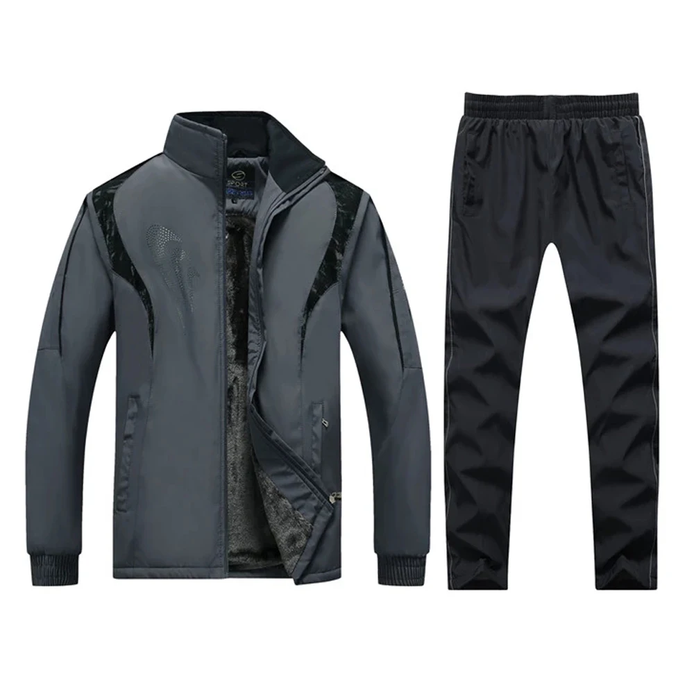 

New Men's Sets Autumn Winter Suit 2Piece Jacket+Pants Plus Velvet Male Sportswear Clothing Warm Tracksuit Zip Pocket Size 5XL