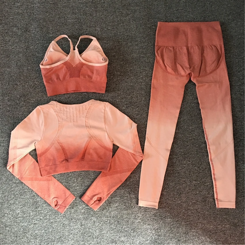 

2021 Ombre Women Seamless Yoga Set Workout Pants Long Sleeve Crop Top Fitness Leggings Sports Suits Gym Clothing Sportswear