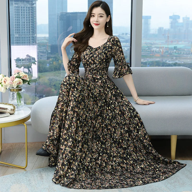 

Floral long-sleeved chiffon dress 2021 spring new short-sleeved waist slim bronzing long dress thin tide