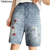 summer new flower embroidery elastic waist washed denim trousers casual loose jeans capris womens pants female yalabovso