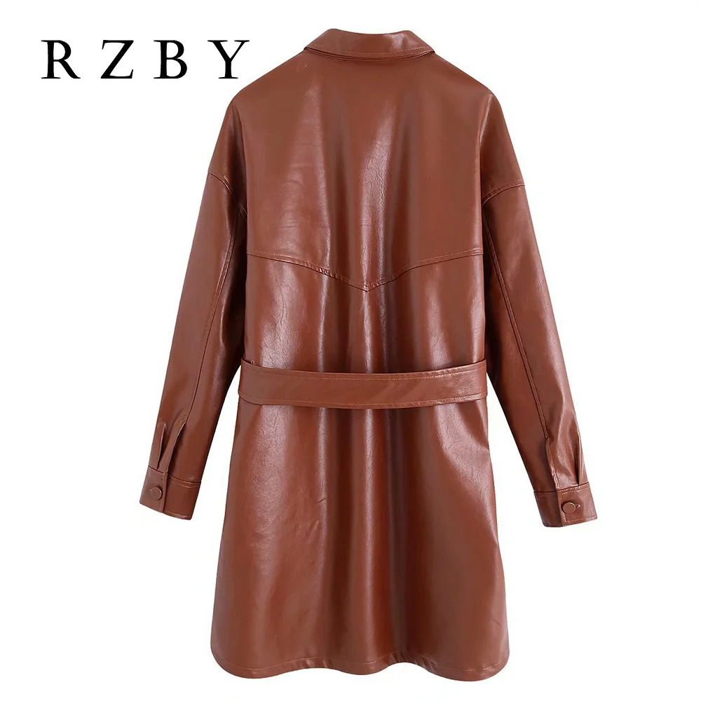 Женский Длинный тренчкот из искусственной кожи черный или коричневый с отложным