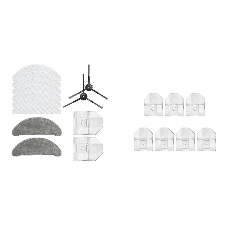 

2 комплекта деталей для пылесоса: 1 Набор сменных боковых щеток, тканевая салфетка для чистки, пылесборник и 1 набор мешков для пыли