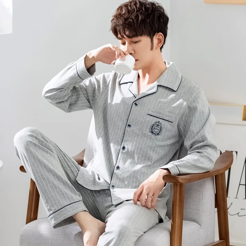 Bedroom Cotton Sleepwear Fashion Casual Loose Thin Long Sleeve Autumn Comfy Set Sleepwear Szata Zestawy Men's Sleep DB60SY
