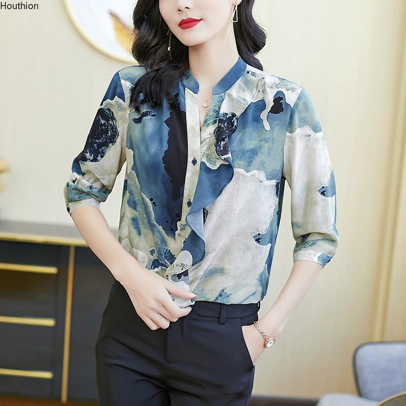

Silk Satin Loose Women's Shirts New Fashion Blouse Casual 3/4 Sleeve Blusas Printing Stand-collar Shirt Summer Houthion
