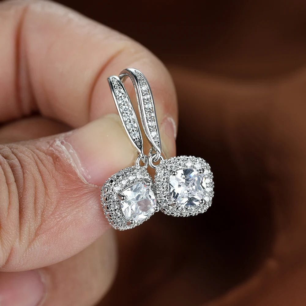 

Elegant Brilliant Silver Color Square Zircon Dangle Earrings for Women Fashion Birthstone Crystal Earrings Wedding Jewelry Gift