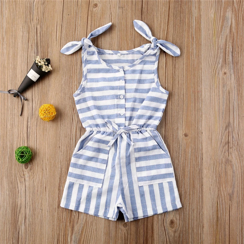 

0-5 Years Newborn Cotton Linen Striped Romper Baby Girl Lace Up Sleeveless Pockets Romper Jumpsuit Infant Outfit Sunsuit Clothes