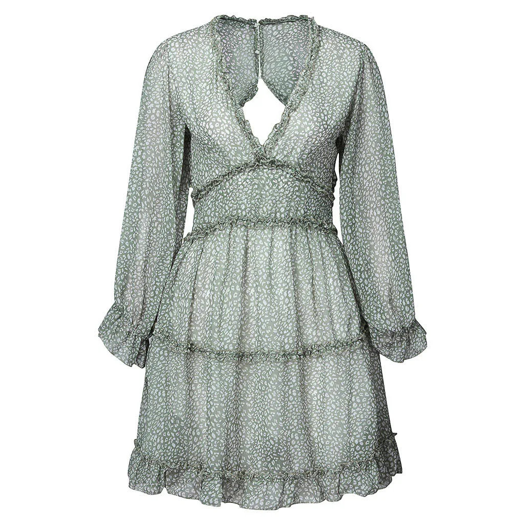 Сексуальное женское осенне-зимнее платье Chiffion Ruffles с длинным рукавом глубокий v-образный вырез вечерние облегающие тонкие одноцветные мини-платья Vestidos# g3