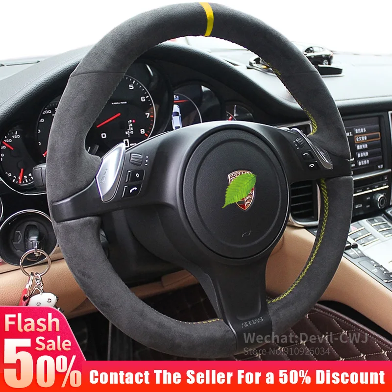 

Flash sale Real Alcantara steering wheel cover for Porsche Panamera Cayenne Macan 911 718 yellow marking car interior Auto Parts