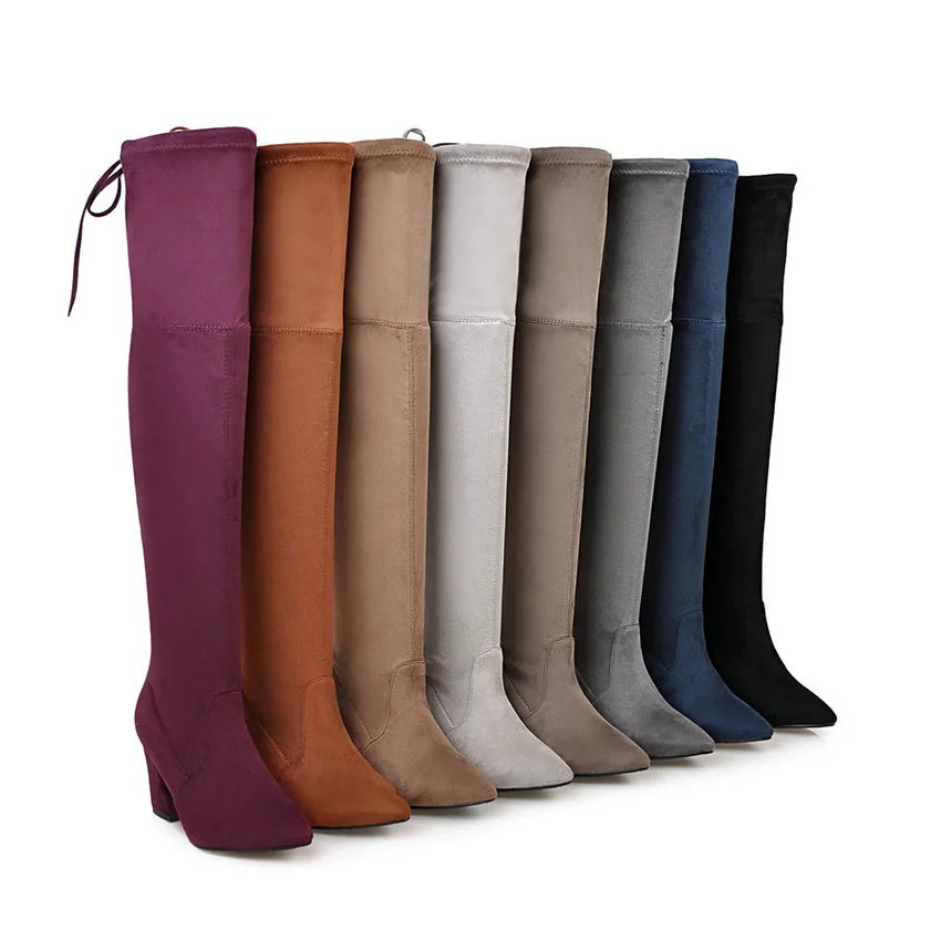 

BLXQPYT 2021 Новые осенне-зимние женские сапоги на квадратном каблуке из искусственной замши Высокие Сапоги выше колена на высоком каблуке с ост...