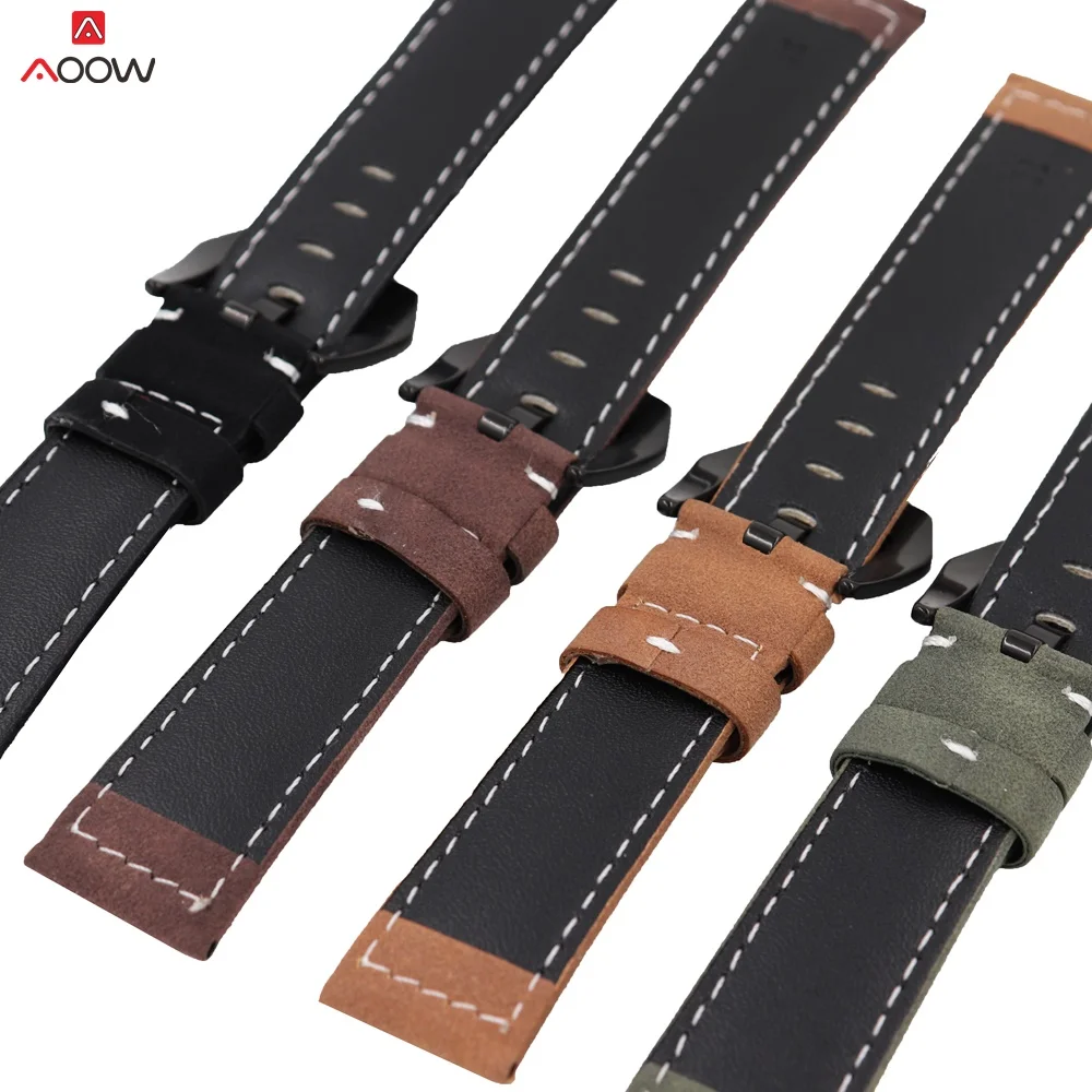 Кожаный ремешок AOOW для мужских и женских часов матовый черный серебристый