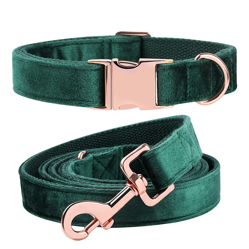 

Rose Gold Buckle Dog Collar and Leash Durable Soft Pet Collar Puppy Bow Christmas Green Velvet Personalized Dog Collar Set Gift