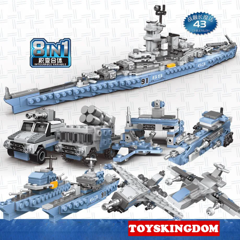 

Modern military 8in1 USS Missouri BB-63 building block world war fighter speedboat Battleship Missile Armored vehicle brick toys