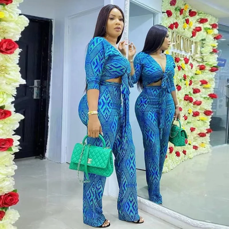 

Two Piece Set Africa Clothes African New Dashiki Fashion Flowers Suit Top Trousers Super Elastic Party For Women Outfits