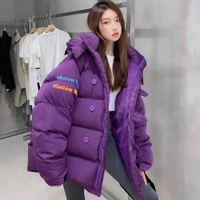 

Winter Women 2021New Fashion Warm Hooded Large Size Women Down Jacket White Duck Down Loose Coat Letter Thick Down Jacket NBH312