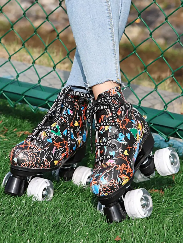 

Artificial Leather Roller Skates Double Line Skates Women Men Adult Two Line Skate Shoes Patines With PU 4 Wheels