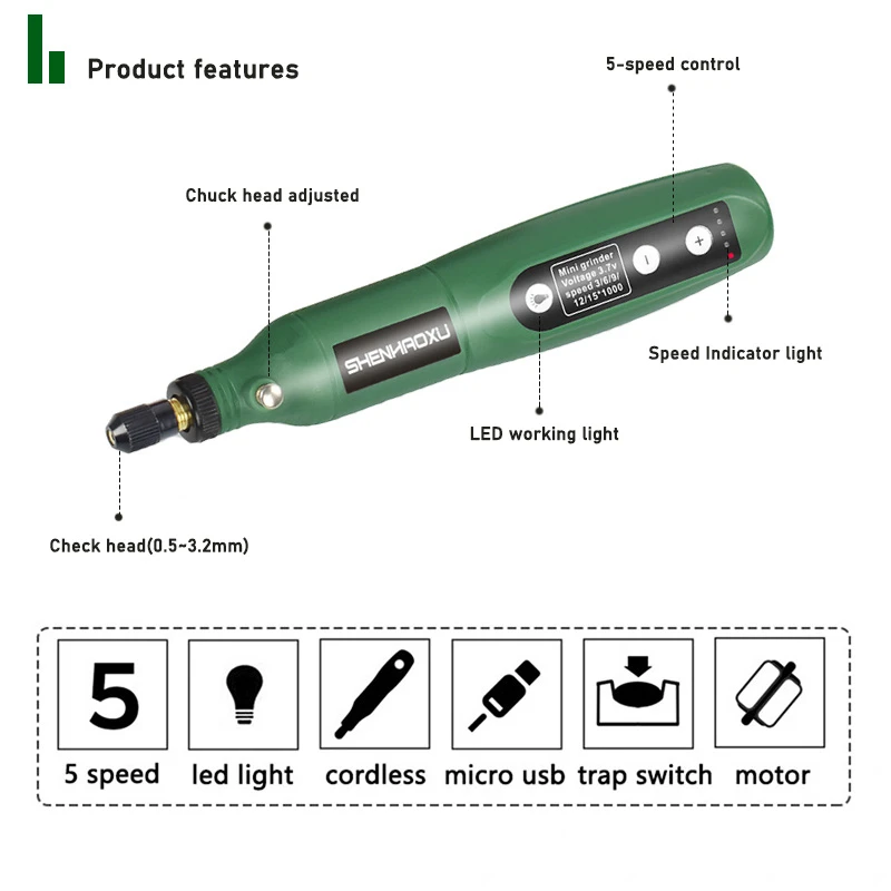 Amoladora inalámbrica, taladro eléctrico de 5 velocidades, pluma de grabado ajustable, herramienta rotativa de perforación de corte y pulido con accesorios Dremel