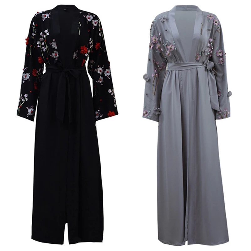 Женский кардиган с объемной вышивкой и цветами мусульманское длинное платье в