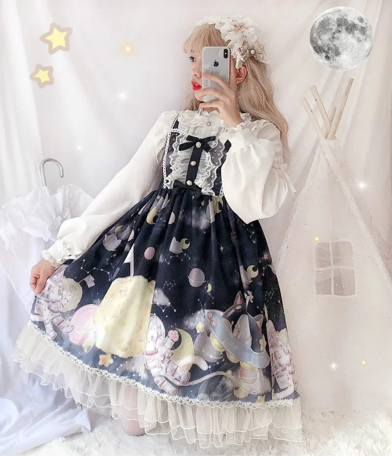 Платье в стиле Лолиты; милое платье в японском стиле Kawaii; платье принцессы для девочек в винтажном готическом стиле; кружевная розовая летняя юбка с принтом