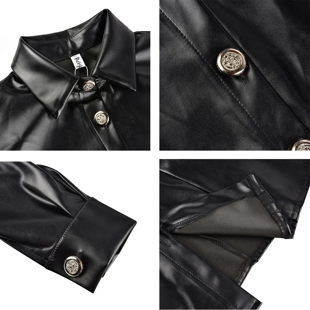 

Vintage Button Tops Office Ladies Blusas Female Camiseta 2021 Blouse Spring Pu Shirt Women Solid Faux Leather Shirt