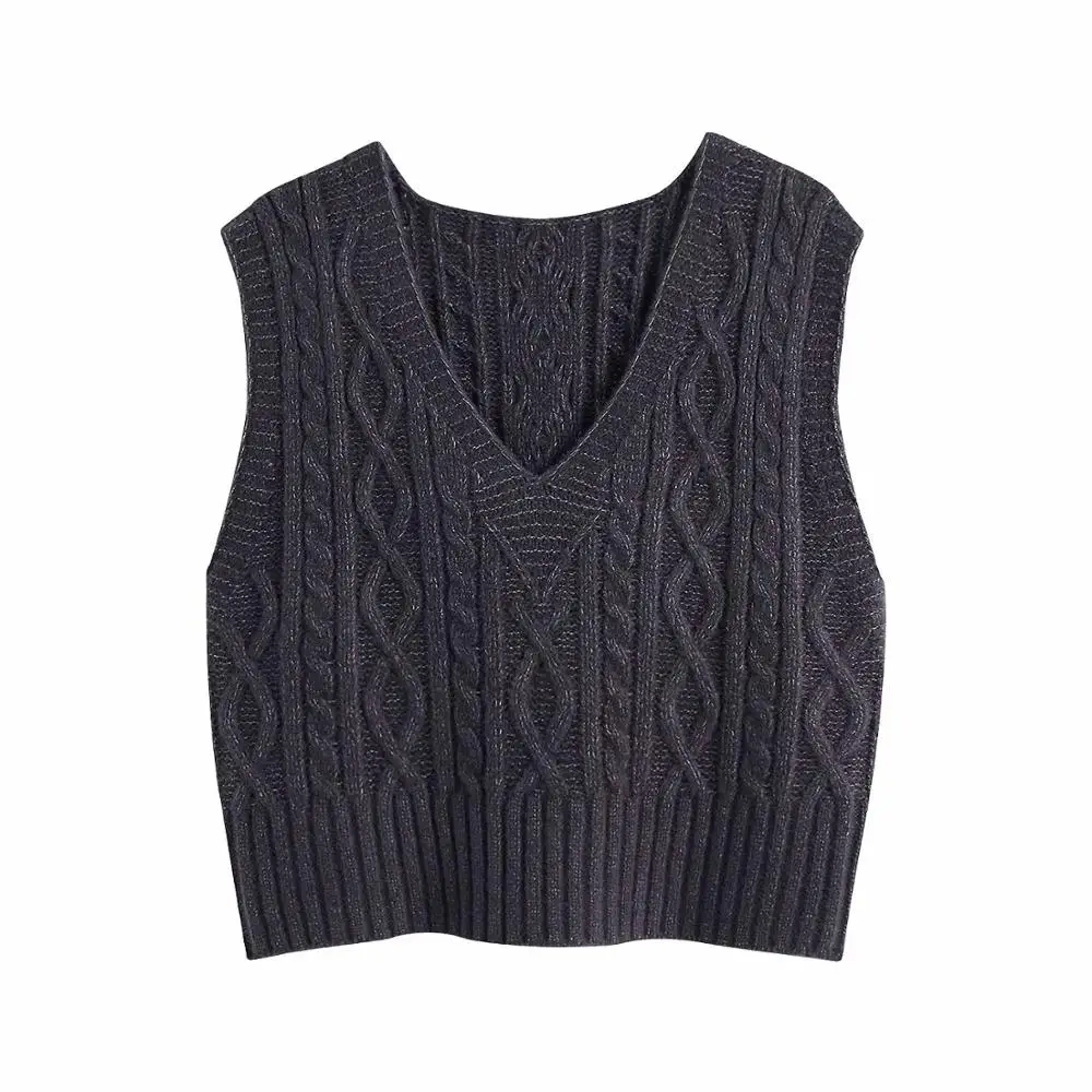 

New Pop Women Cable-Knit Sweater Vest V-Neck Warm Women Sweaters Casual Vogue Vintage Pullover Tops