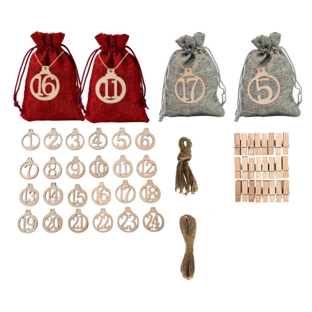 

24 Pieces Christmas Calendar Bags DIY Candy Snacks Gift Storage Holiday Home Decoration with Stickers Clips for Adults