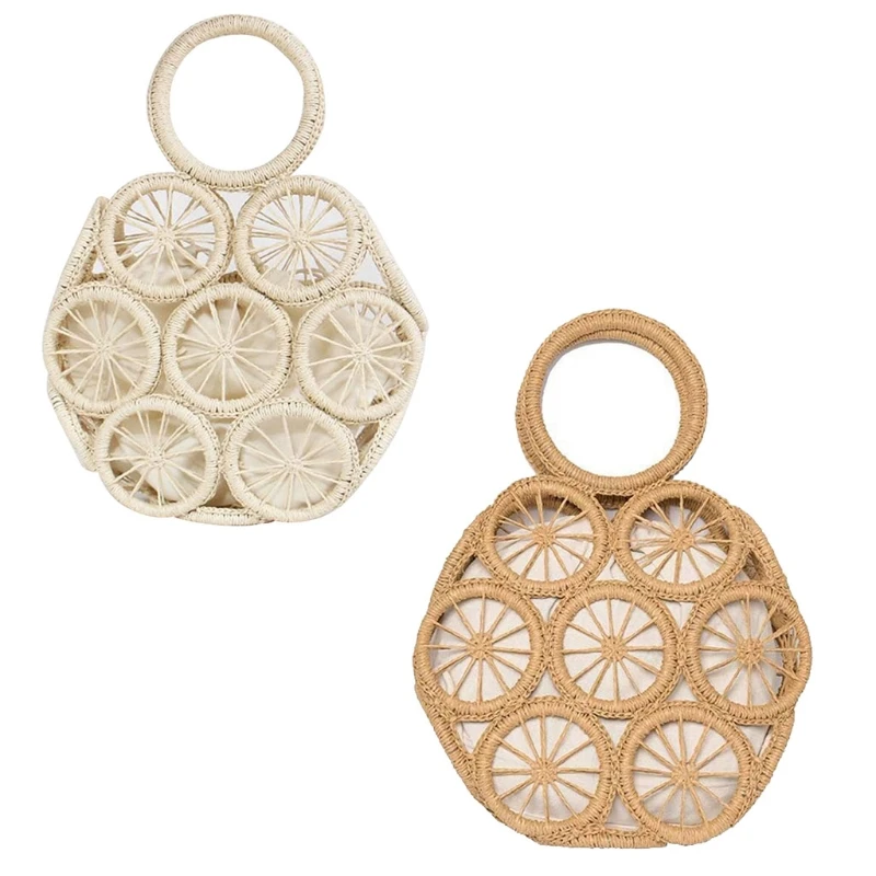 

Straw Woven Handbag Rattan Round Tote Bag Top-handle Hollow Clutch Bags Retro Summer Beach Wicker Bag Trendy Photo Props