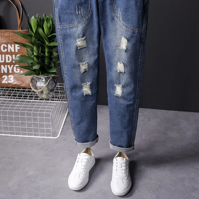 Ripped Overalls Men Jeans Bib Removable Waist Streetwear Hip Hop Hole Denim Jumpsuits Trousers Leisure Tattered Freight Pants