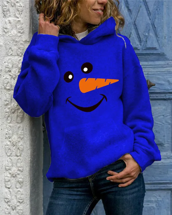 

Autumn Winter Snowmen Smiling Face Printed Hooded Sweatshirts 2020 Women New Full Sleeve Chic Pullovers Female Casual Tops