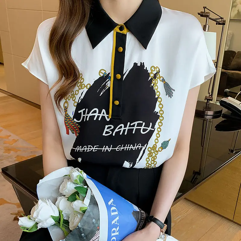 

2021 New Summer Women Blouses Casual Loose Student Short Sleeve Print Chiffon Shirts Fashion Elegant Office Lady Tops Clothing